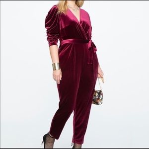 Burgundy Velvet Puff Sleeve Jumpsuit